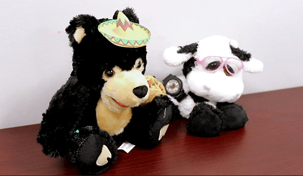  A black teddy bear and a cow stuffed toy on top of a table 